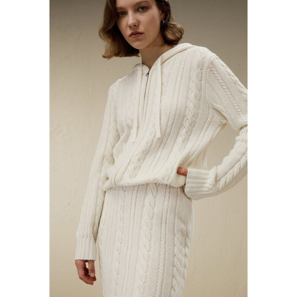 LILYSILK Bela Cable Knit Merino Wool Cashmere Hoodie Sweater Cardigan Ivory M
